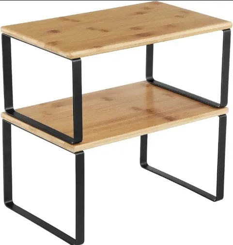 Kitchen Cabinet Shelf Rack 2 Tier Wooden Organizer, Stackable, Expandable, Black/Natural Brown |Kitchen Accessories |Kitchen Cabinets Shelf Rack