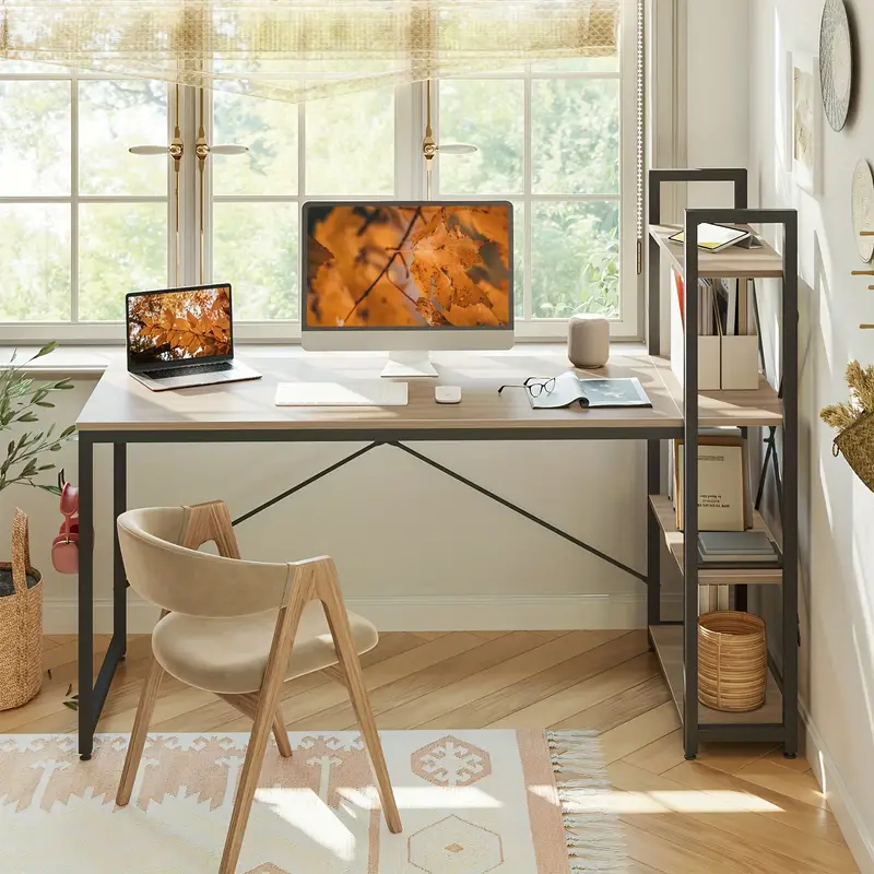 Home office computer desk large Office Desk With 4 Tier Shelves, Modern Simple Style Workstation Table Industrial Writing Desk For Home Office Small Spaces