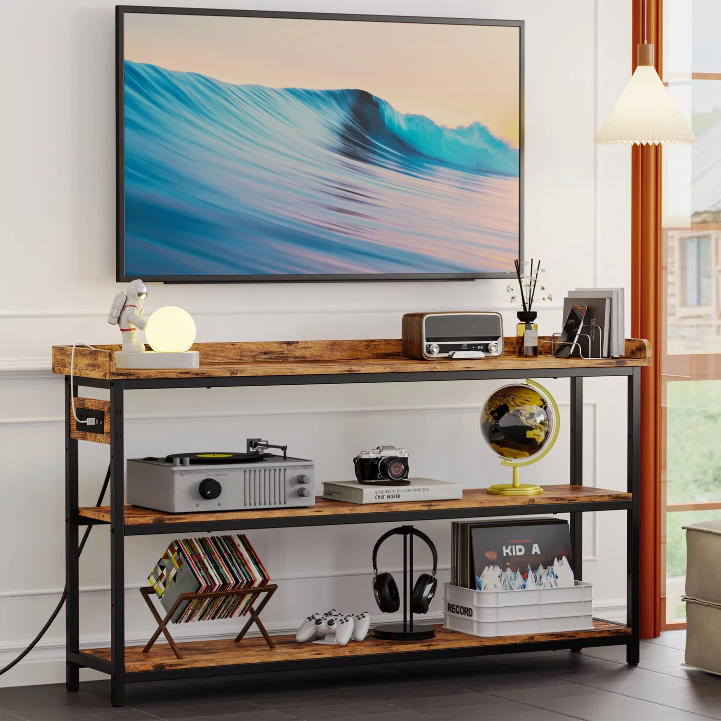 Versatile 3-Tier Console Table: Adjustable Wood-Metal Sofa Table for Chic Living Room and Home Organization