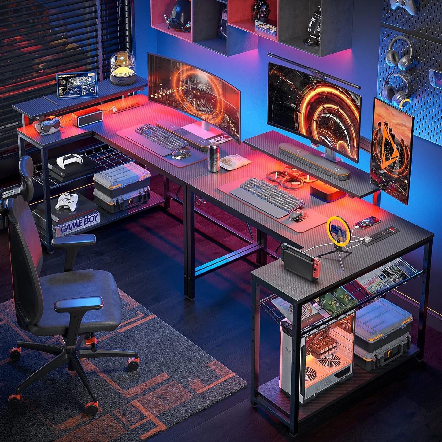 Compact Gaming Desk with Monitor Stand and Reversible Shelves | Modern LED Computer Desk with Storage Rack & Headphone Hook | Ideal for Workstation or Holiday Setup