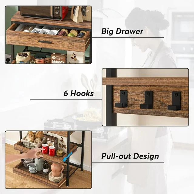 Rustic Industrial Kitchen Baker's Rack | Coffee Bar & Storage Shelf | Microwave Stand with Hooks and Drawer for Kitchen Organization